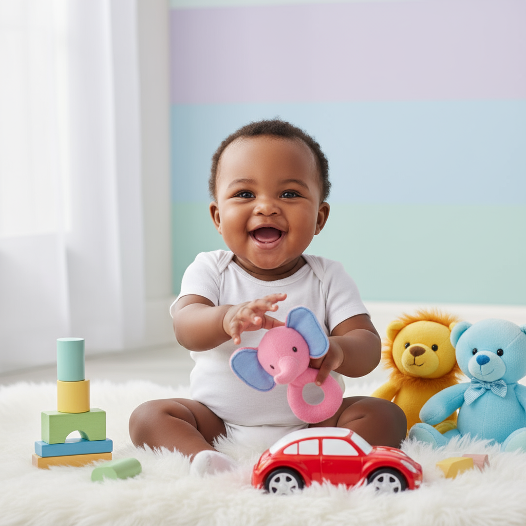 Happy baby with toys